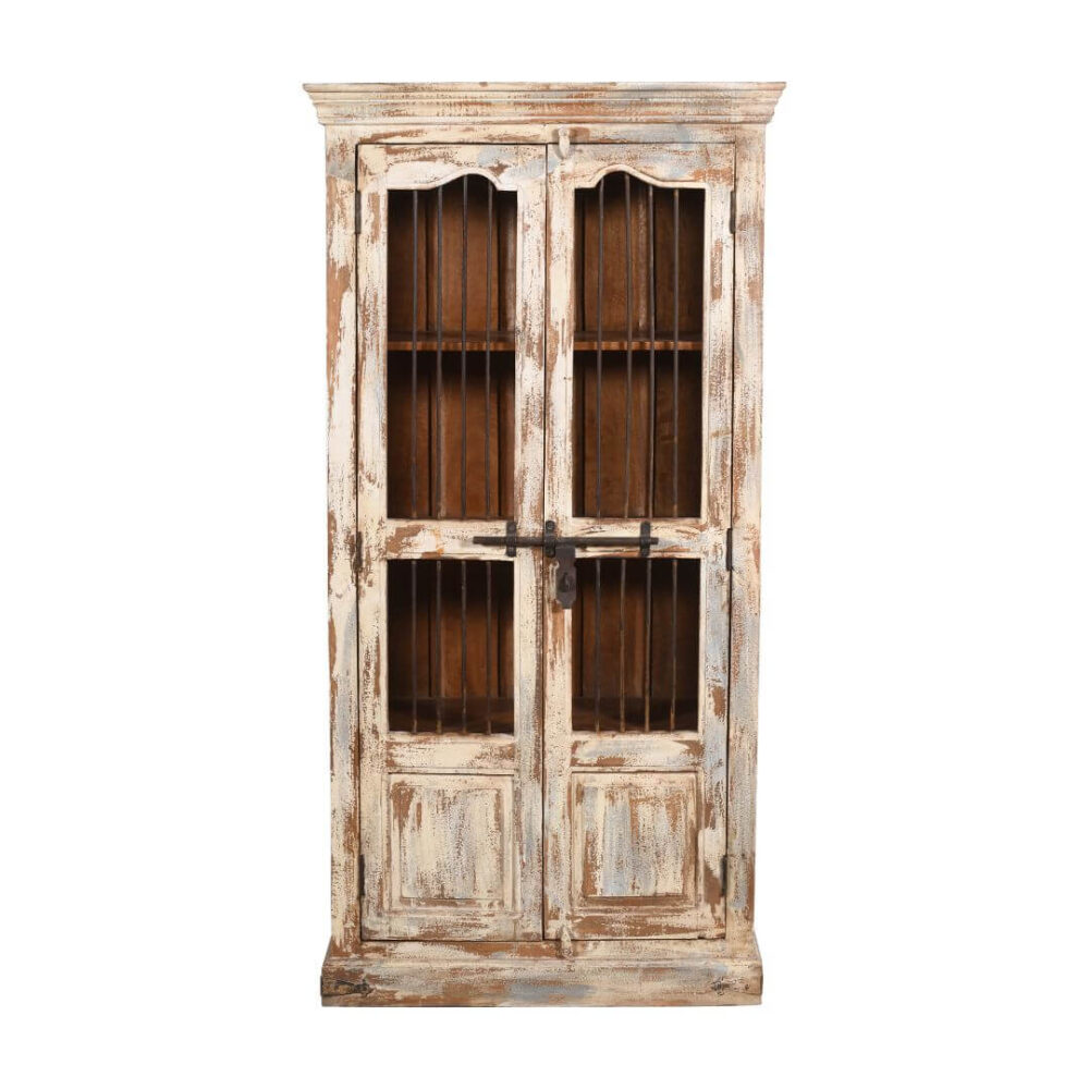 Vintage Indian Teak Wood Reclaimed Jali Door Cabinet – Distressed White Display Cupboard - Image 2