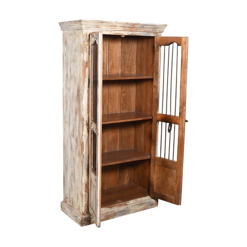 Vintage Indian Teak Wood Reclaimed Jali Door Cabinet – Distressed White Display Cupboard - Image 3