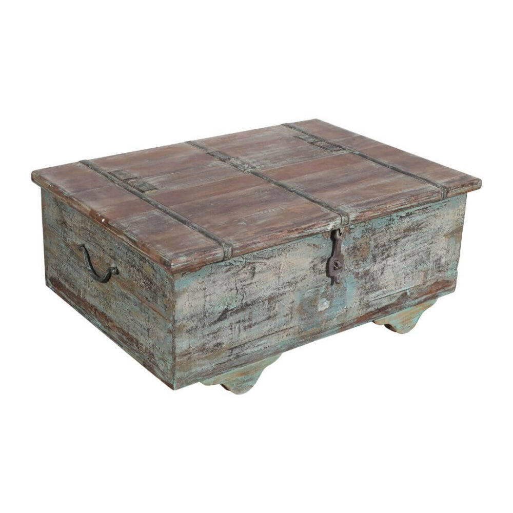 Antique Indian Teak Wood Surti Coffee Table Chest - 19th Century Blue - Image 5