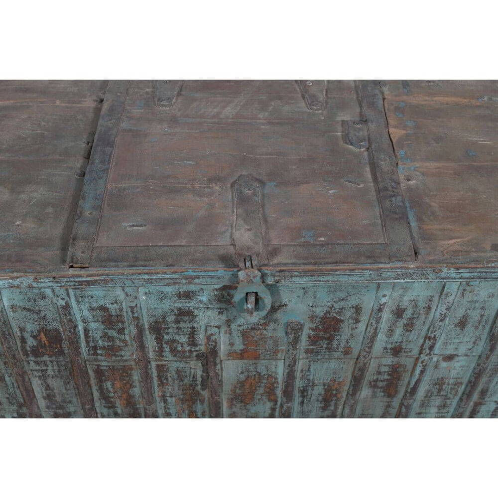 Antique Indian Teak Wood Quarter Surti Coffee Table Chest - 19th Century Blue - Image 3