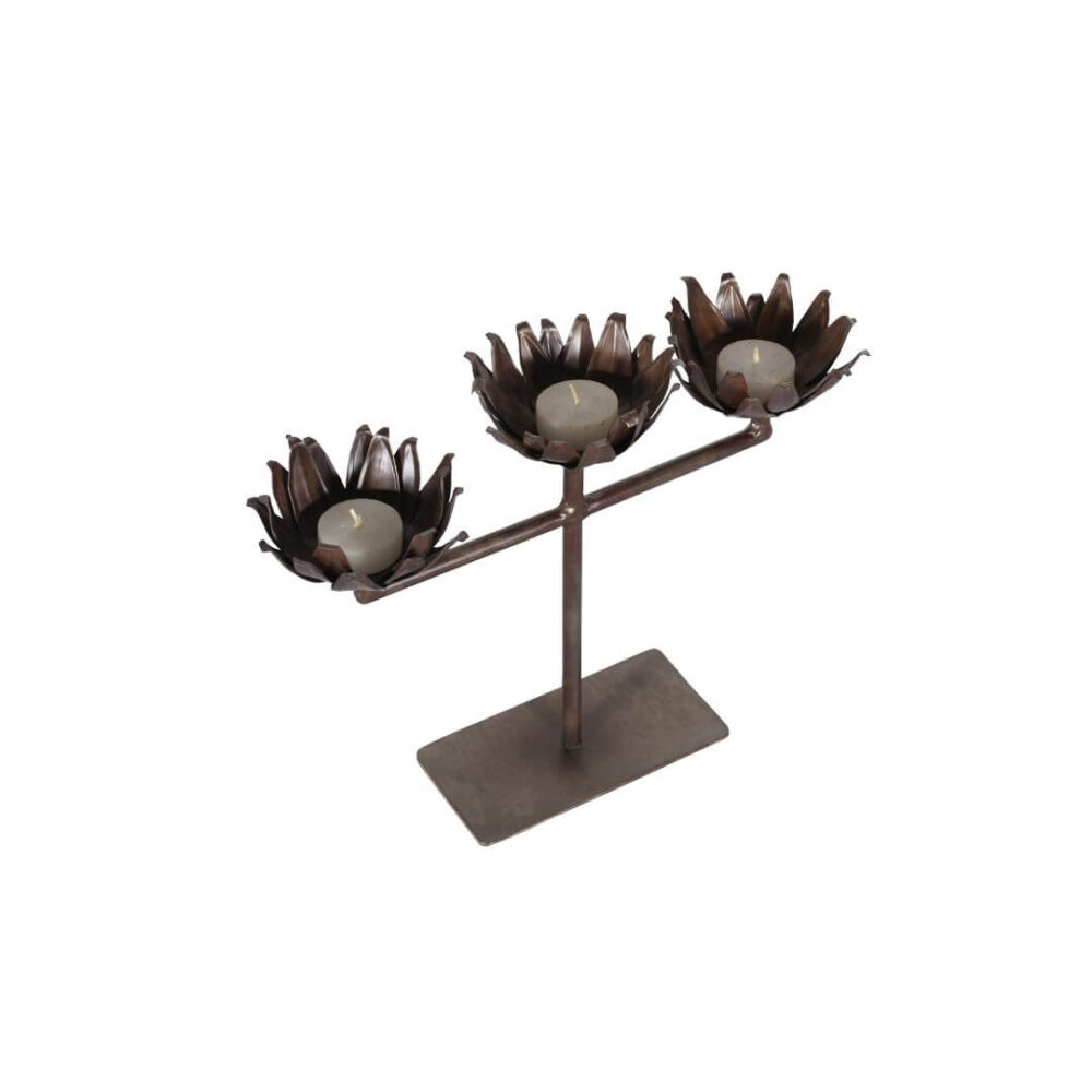 Vintage Indian Iron 3 Arm Lotus Flower Candelabra - Image 3