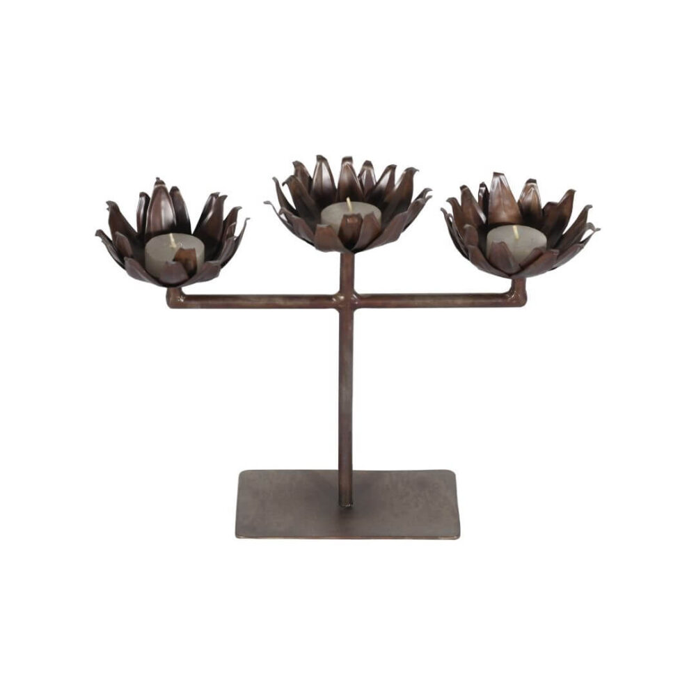 Vintage Indian Iron 3 Arm Lotus Flower Candelabra - Image 2