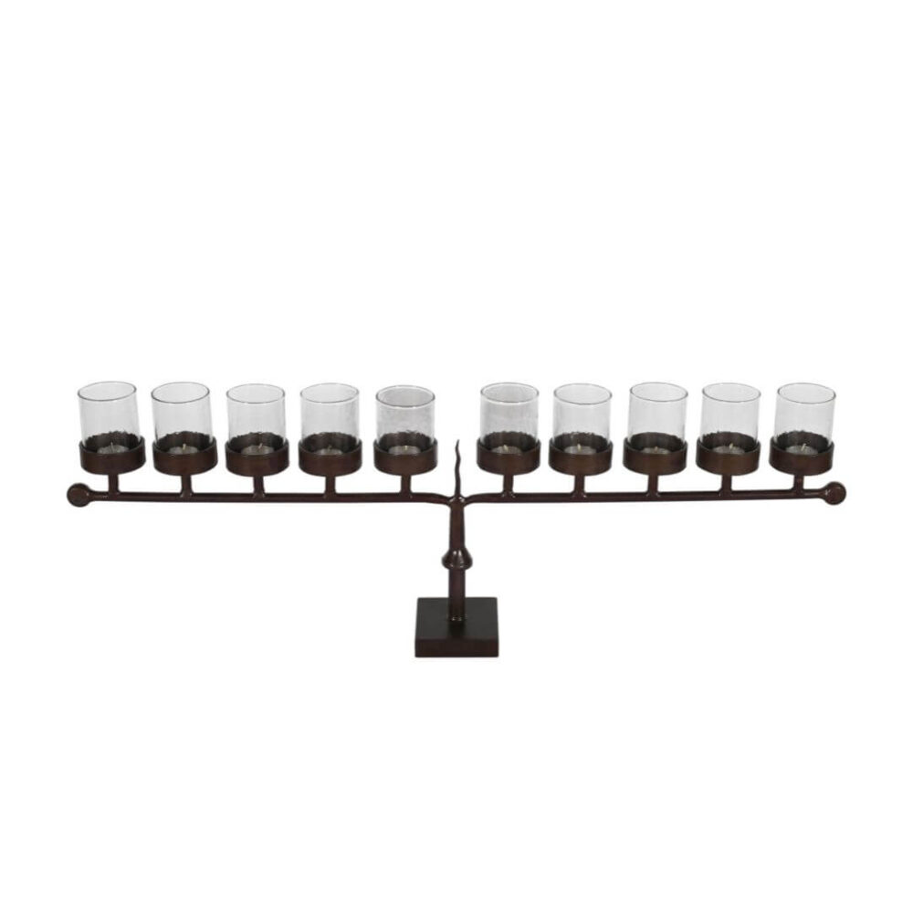 Vintage Indian Iron 10 Arm Tealight Candelabra with Glass Covers - Image 4