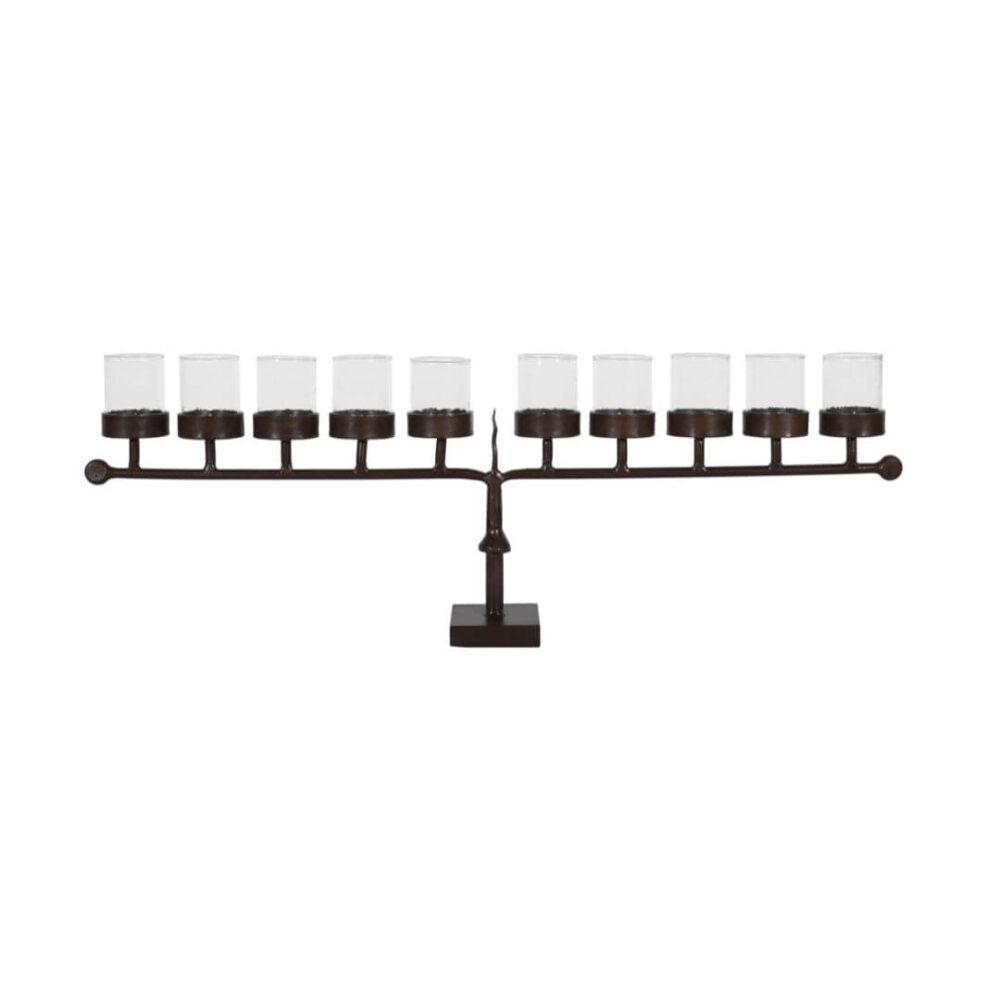 Vintage Indian Iron 10 Arm Tealight Candelabra with Glass Covers - Image 3