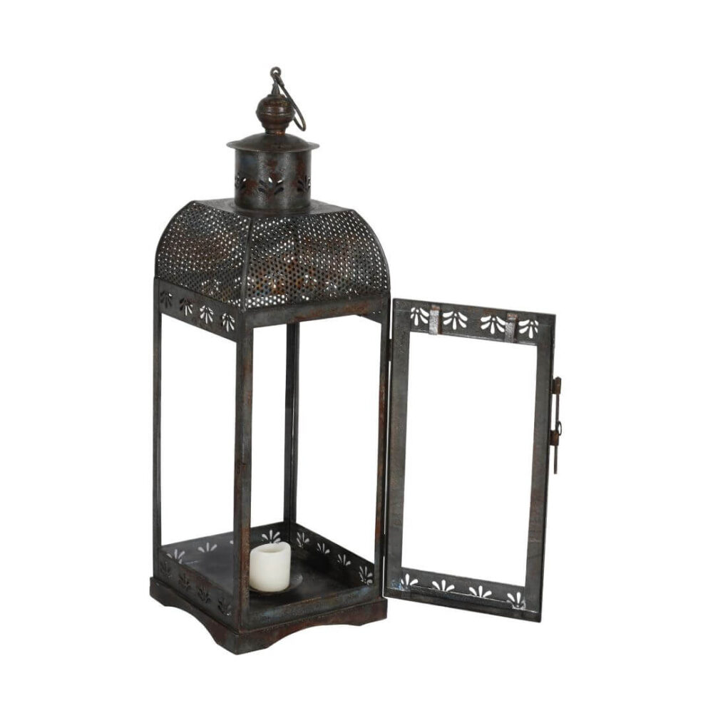 Indian Artisan Made Heavyweight Iron and Glass Vintage-Inspired Candle Lantern - Image 2