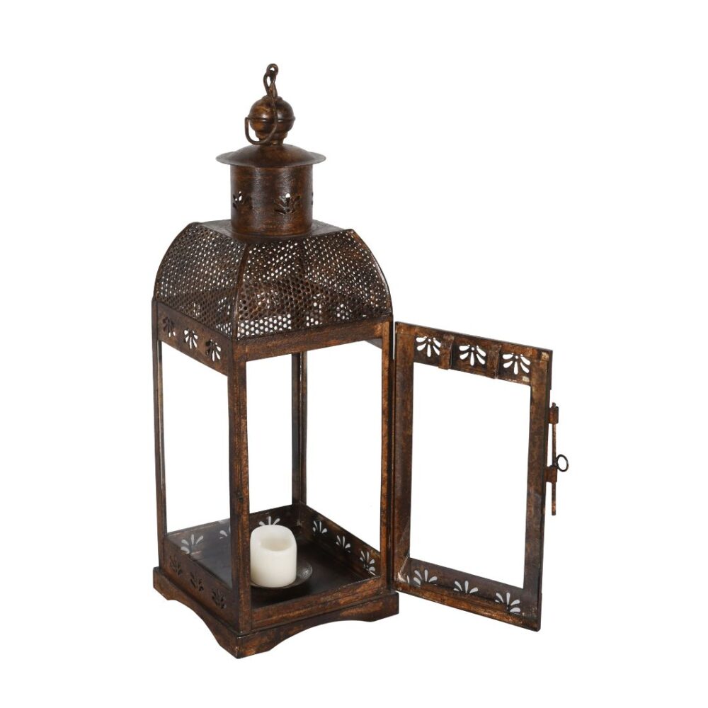 Indian Artisan Made Heavyweight Iron and Glass Vintage-Inspired Candle Lantern - Image 2