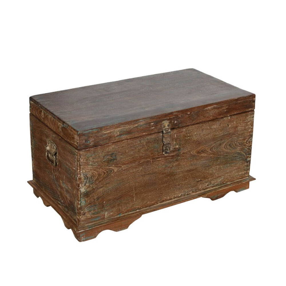 Original Antique Indian Teak Wood Treasure Chest Coffee Table - 1890s - Image 4