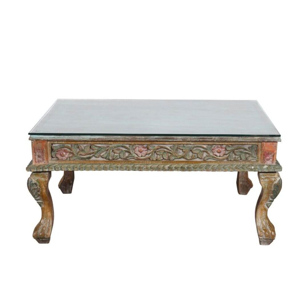 Original Antique Indian Teak Wood Thakat Coffee Table with Glass Top - c1890 - Image 2