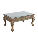 Original Antique Indian Teak Wood Thakat Coffee Table with Glass Top - c1890