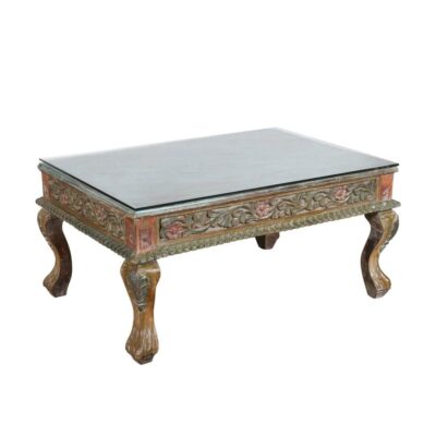 Original Antique Indian Teak Wood Thakat Coffee Table with Glass Top - c1890