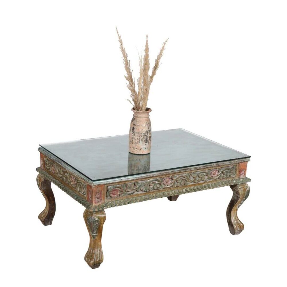 Original Antique Indian Teak Wood Thakat Coffee Table with Glass Top - c1890 - Image 4