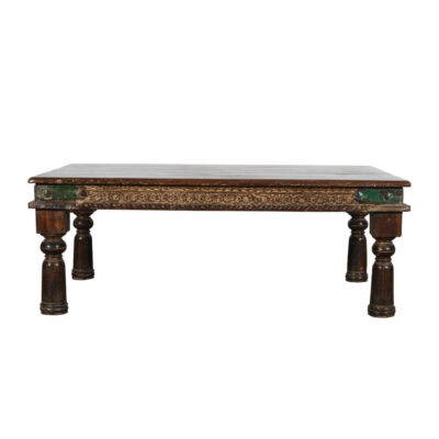 Original Antique Indian Teak Wood Thakat Coffee Table with Glass Top - c1890