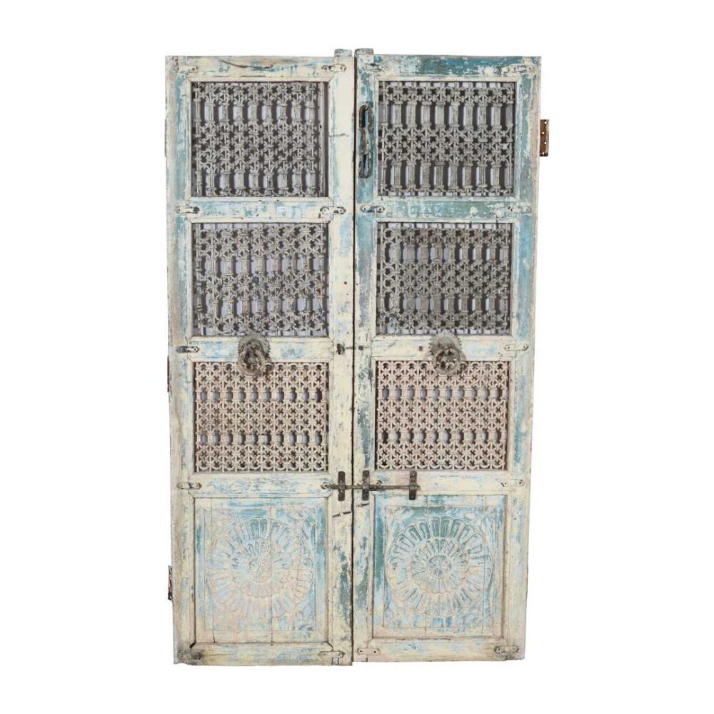 Antique Indian Painted Teak Wood Jali Door Garden Gate Pair – 19th Century Rajasthan Salvage - Image 2