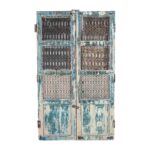 Antique Indian Painted Teak Wood Jali Door Garden Gate Pair – 19th Century Rajasthan Salvage