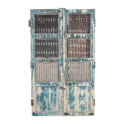 Antique Indian Painted Teak Wood Jali Door Garden Gate Pair – 19th Century Rajasthan Salvage