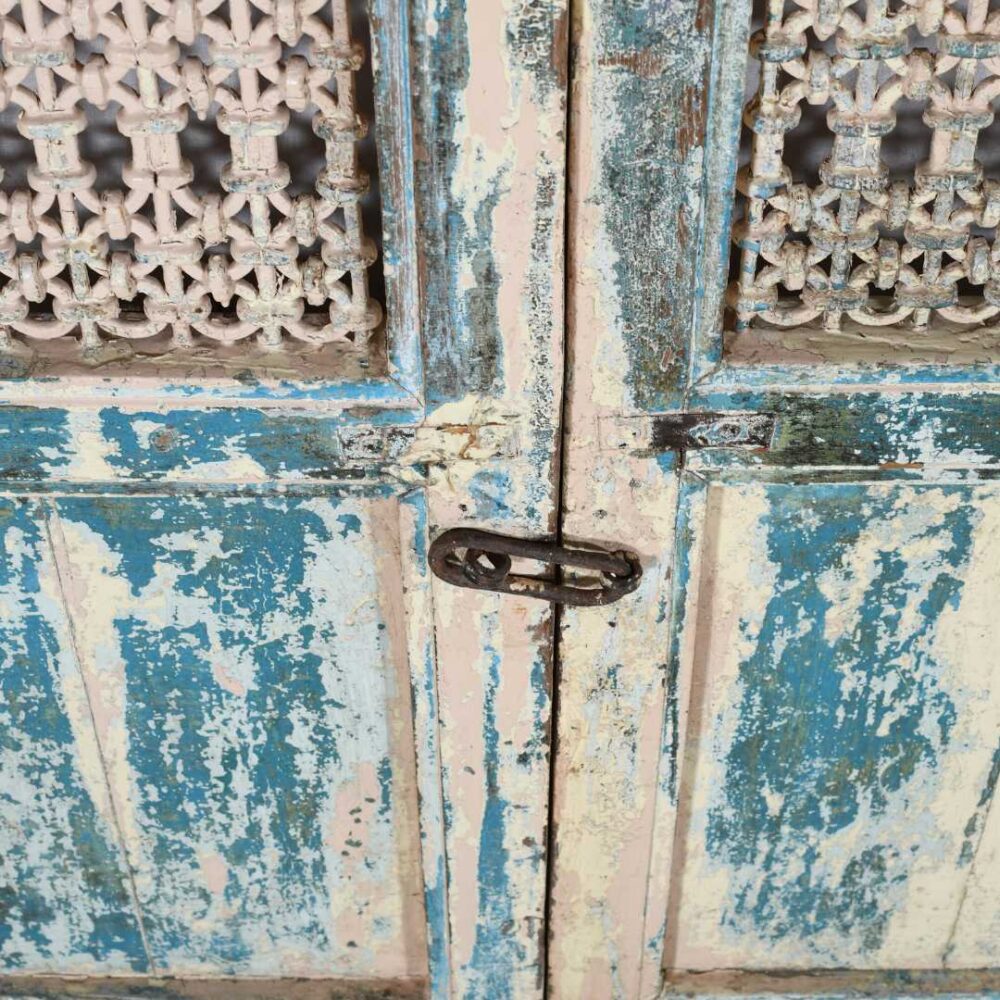 Antique Indian Painted Teak Wood Jali Door Garden Gate Pair – 19th Century Rajasthan Salvage - Image 4