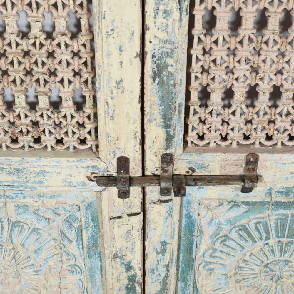 Antique Indian Painted Teak Wood Jali Door Garden Gate Pair – 19th Century Rajasthan Salvage - Image 3