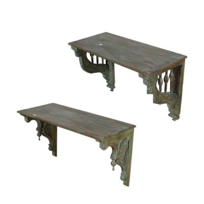 Pair of Large Antique Indian Teak Wood Wall Brackets and Shelf – 19th Century Havelli Salvage