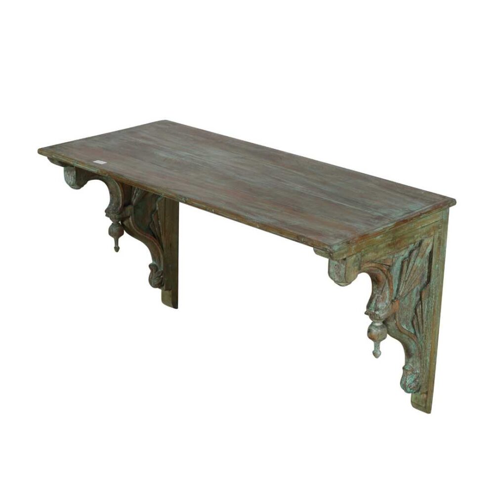 Pair of Large Antique Indian Teak Wood Wall Brackets and Shelf – 19th Century Havelli Salvage - Image 2