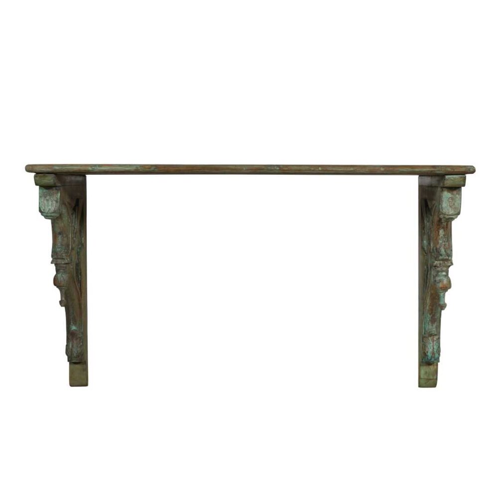 Pair of Large Antique Indian Teak Wood Wall Brackets and Shelf – 19th Century Havelli Salvage - Image 4