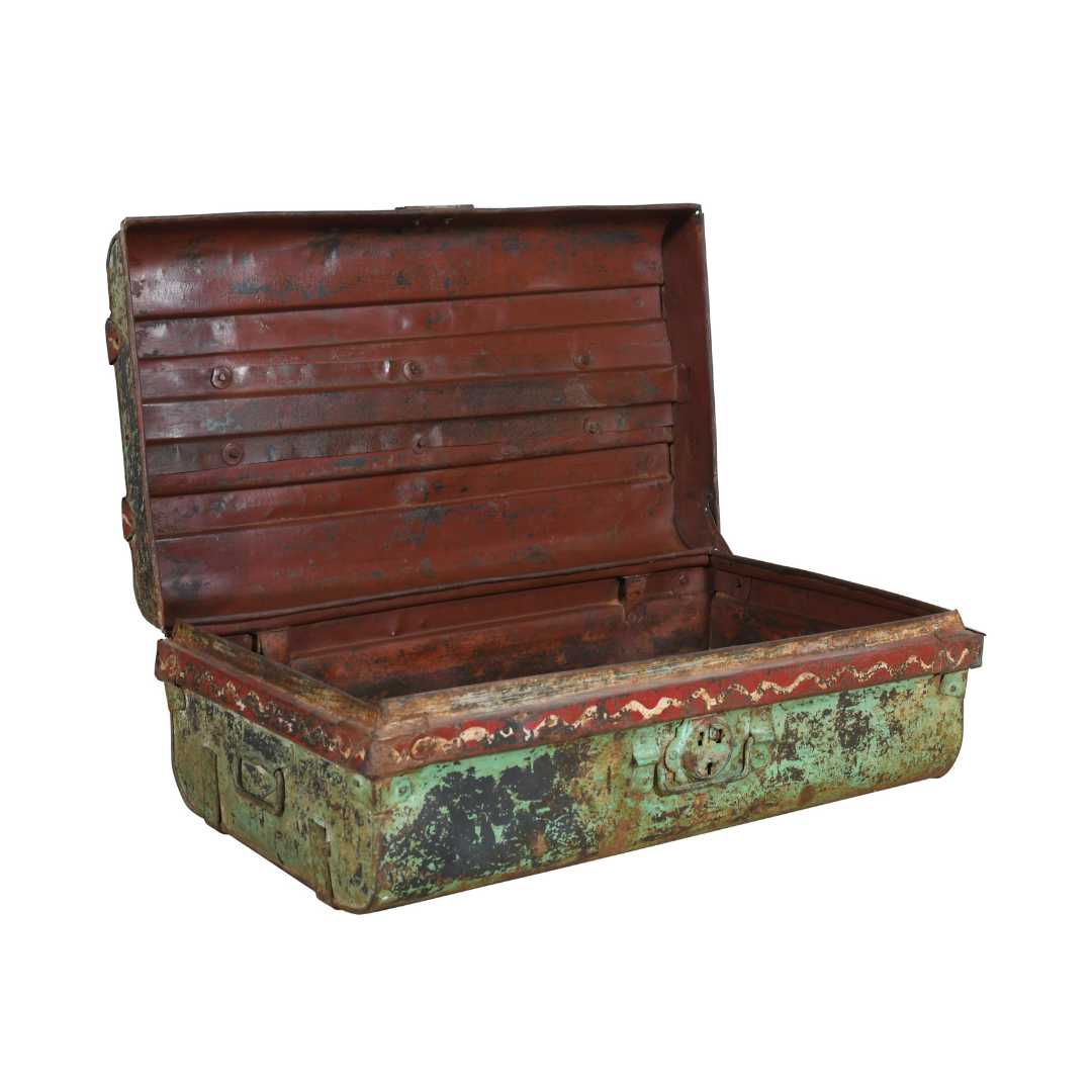 Vintage Turquoise and Red Indian Iron Train Trunk – 1930s Travel