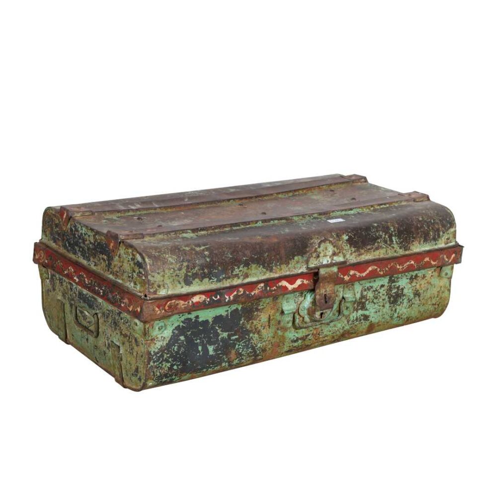 Vintage Turquoise and Red Indian Iron Train Trunk - 1930s Travel Case Chest - Image 3