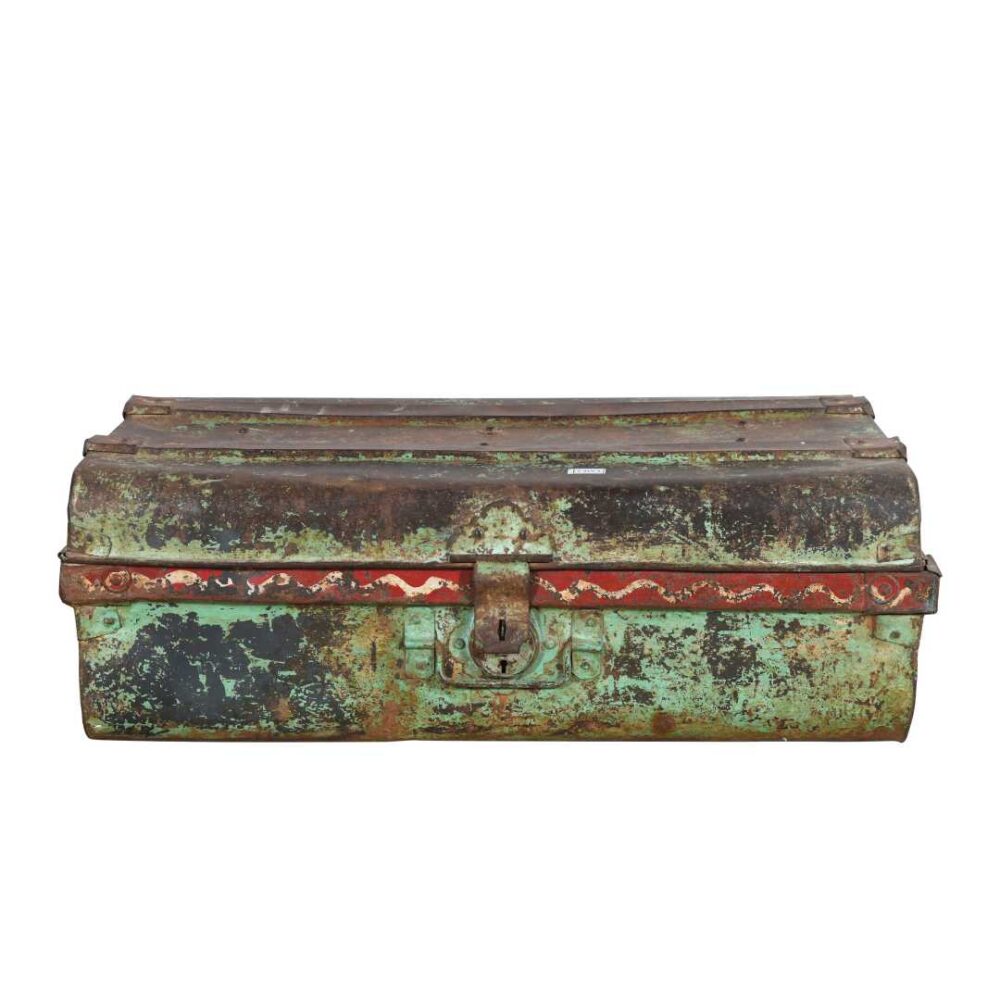 Vintage Turquoise and Red Indian Iron Train Trunk - 1930s Travel Case Chest - Image 2