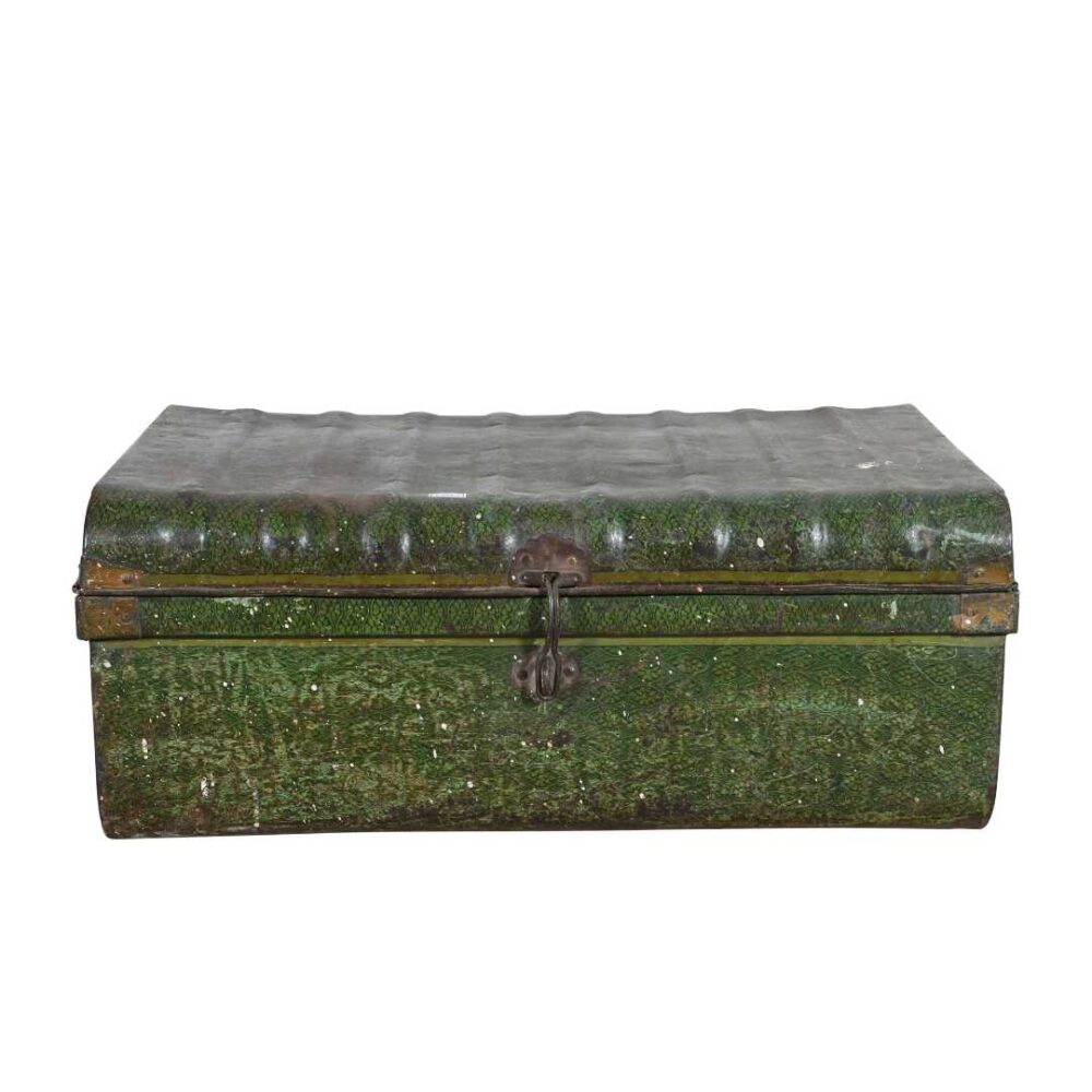 Vintage Moss Green Indian Iron Train Trunk – 1930s Painted Travel Case Chest