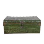 Vintage Moss Green Indian Iron Train Trunk – 1930s Painted Travel Case Chest