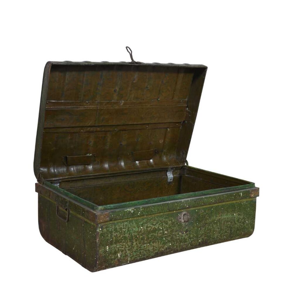 Vintage Moss Green Indian Iron Train Trunk – 1930s Painted Travel Case Chest - Image 3