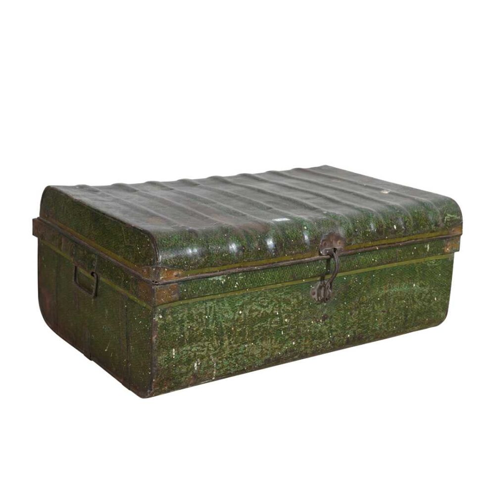 Vintage Moss Green Indian Iron Train Trunk – 1930s Painted Travel Case Chest - Image 2