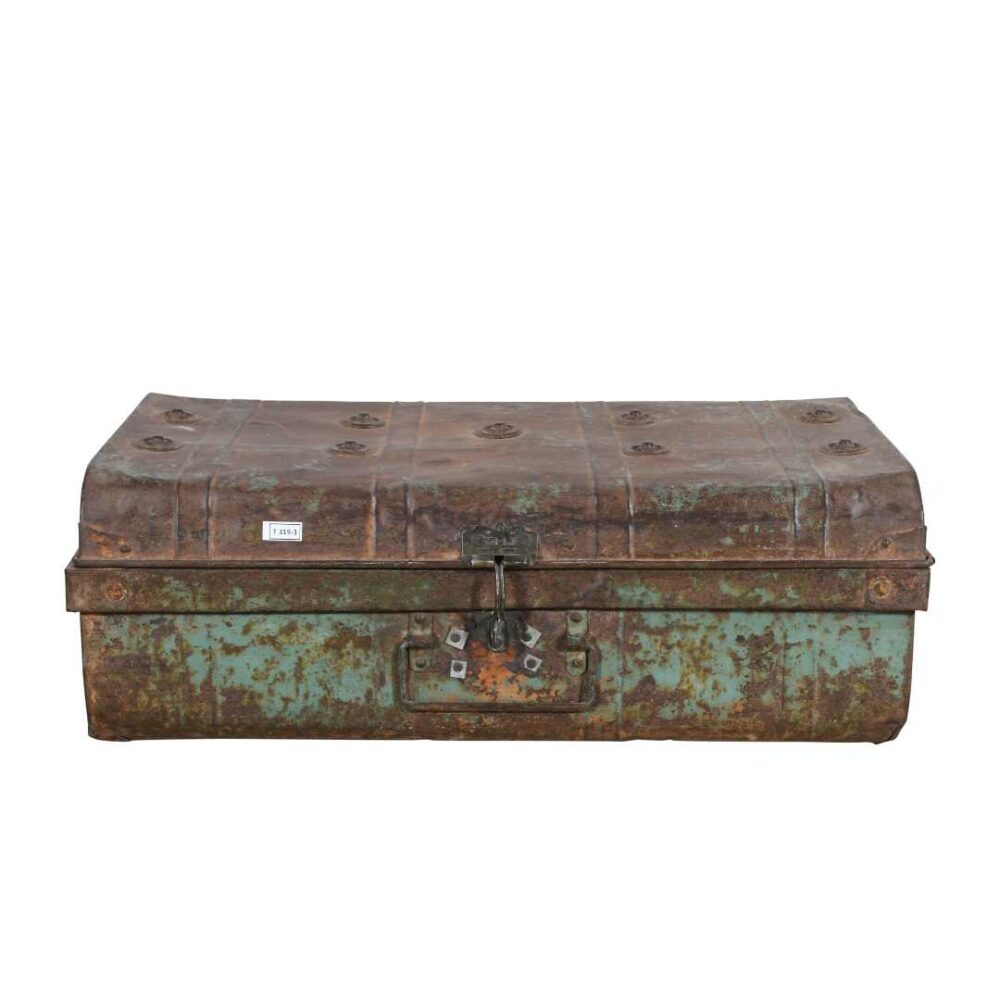 Vintage Verdigris Green Indian Iron Train Trunk – 1930s Railway Travel Chest