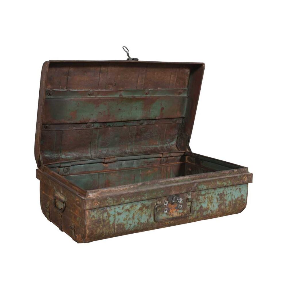 Vintage Verdigris Green Indian Iron Train Trunk – 1930s Railway Travel Chest - Image 3