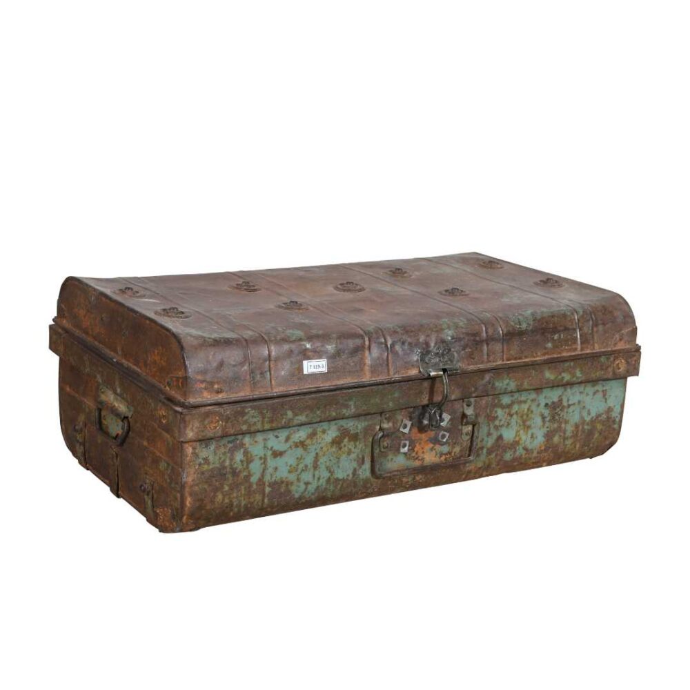 Vintage Verdigris Green Indian Iron Train Trunk – 1930s Railway Travel Chest - Image 2