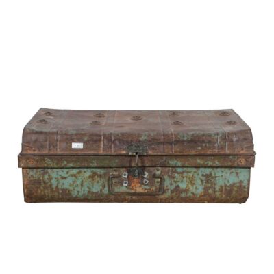 Vintage Verdigris Green Indian Iron Train Trunk – 1930s Railway Travel Chest