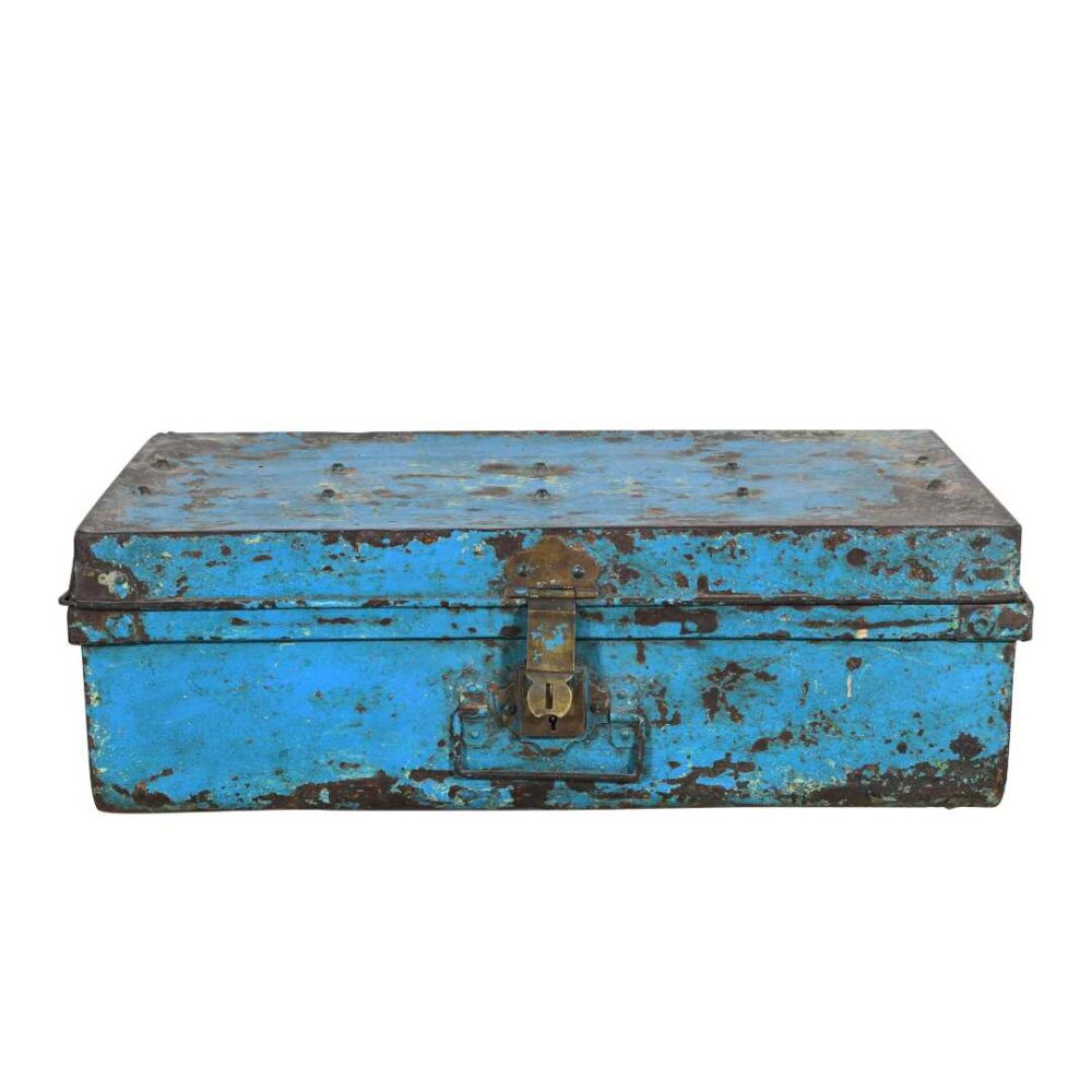 Vintage Azure Blue Indian Iron Train Trunk – 1930s Painted Railway Case - Image 2