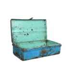 Vintage Azure Blue Indian Iron Train Trunk – 1930s Painted Railway Case