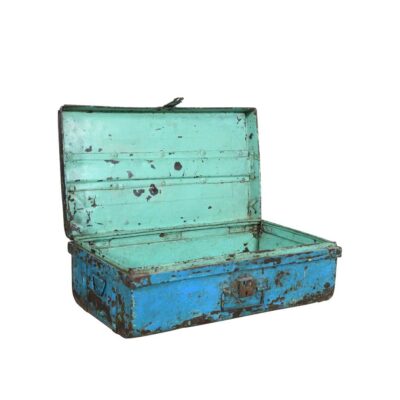 Vintage Azure Blue Indian Iron Train Trunk – 1930s Painted Railway Case