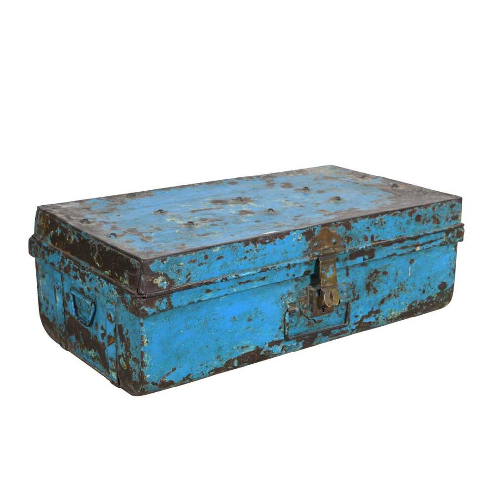 Vintage Azure Blue Indian Iron Train Trunk – 1930s Painted Railway Case - Image 3