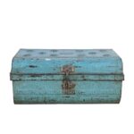 Vintage Teal Blue Indian Iron Train Trunk – 1930s Hand-Painted Railway Chest