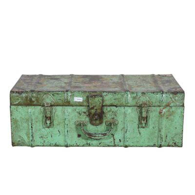Vintage Mint Green Indian Iron Train Trunk – 1930s Railway Travel Chest