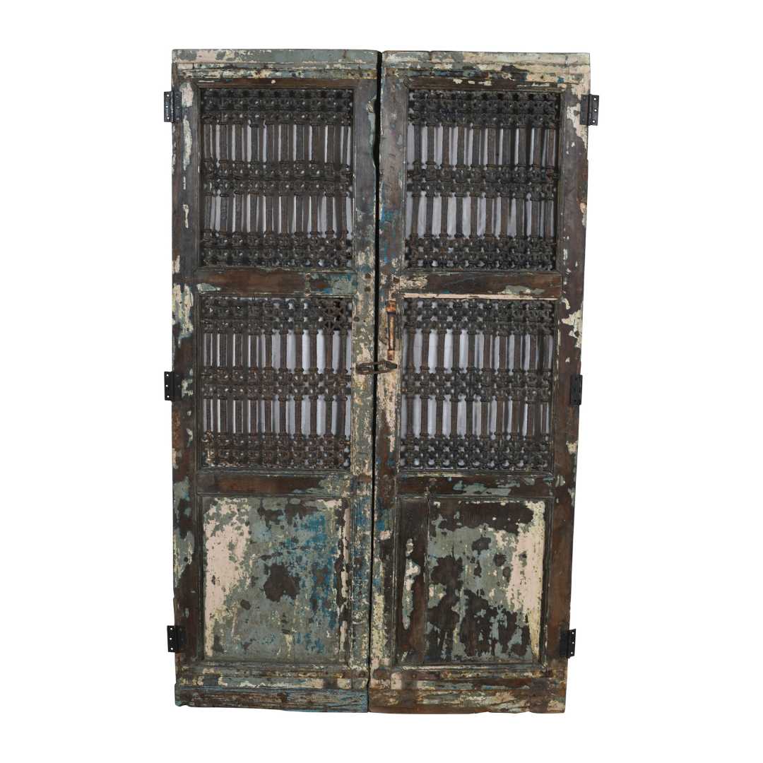 Antique Teal & Verdigris Painted Indian Teak Jali Door Garden Gate Pair – 19th Century Gujarat - Image 4