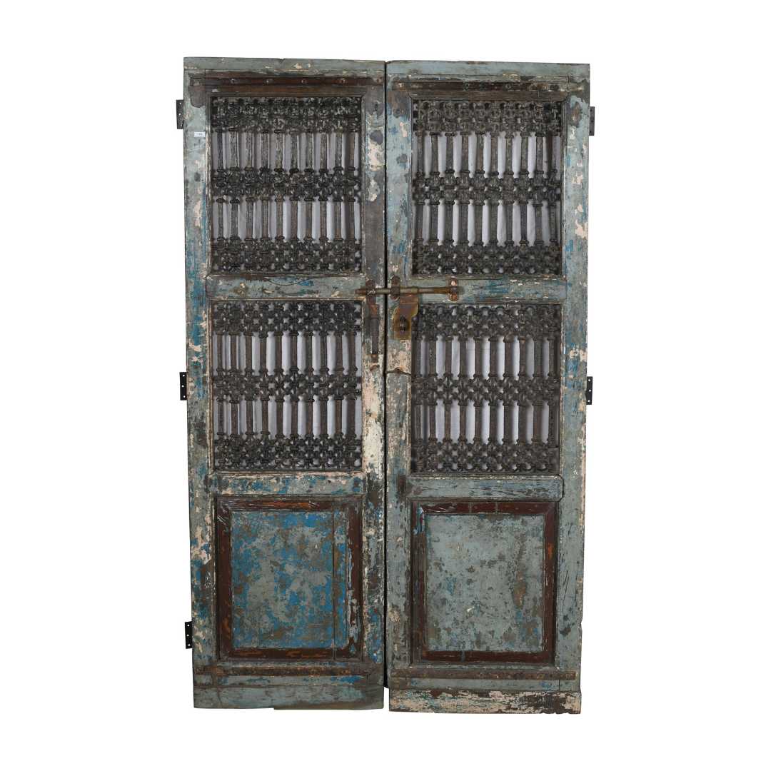 Antique Teal & Verdigris Painted Indian Teak Jali Door Garden Gate Pair – 19th Century Gujarat