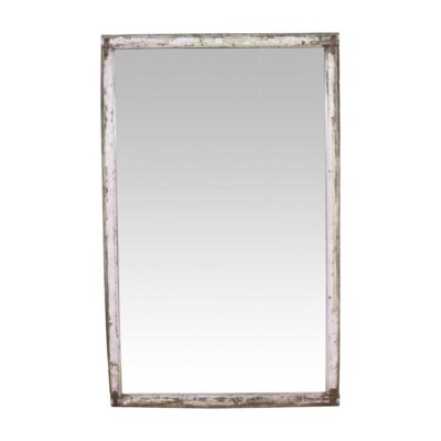Large Antique Whitewashed Indian Teak Window Mirror – 19th Century Rajasthan