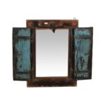 Antique Teal & Ebony Patina Indian Teak Shutter Mirror – 19th Century Rajasthan