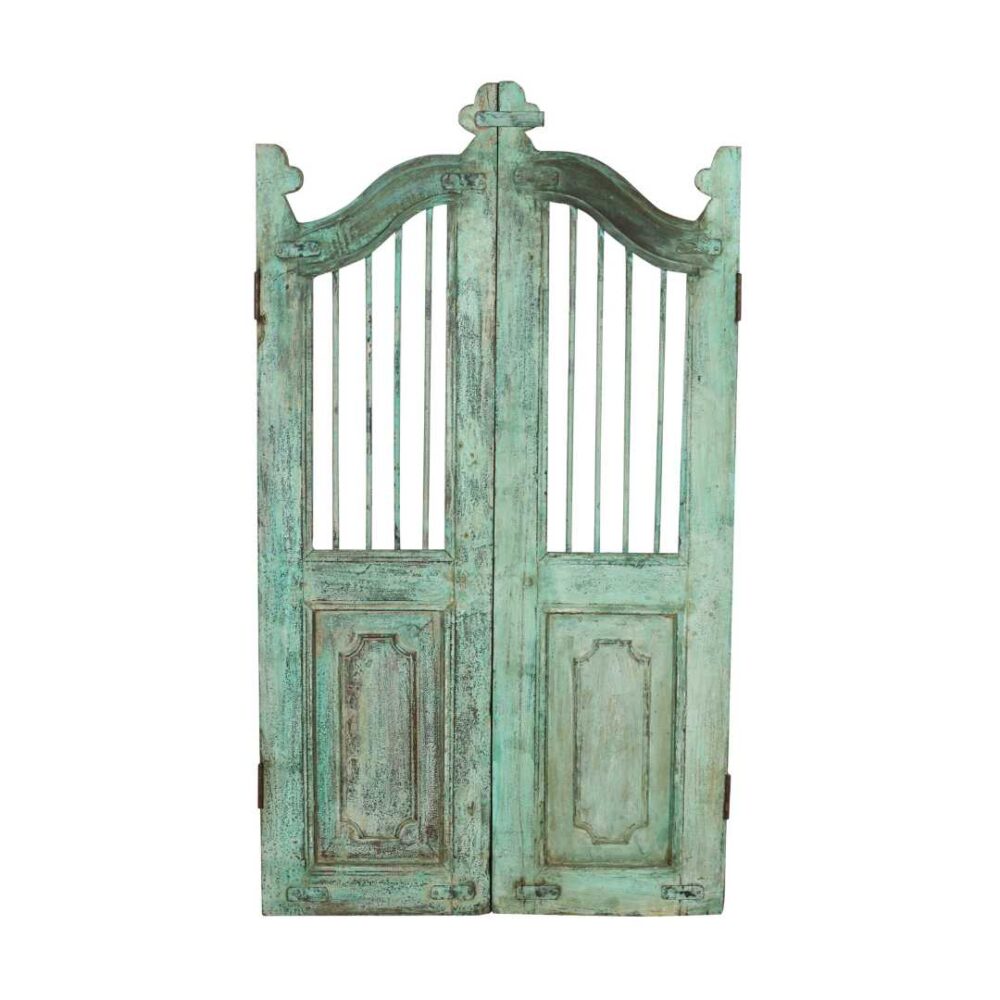 Antique Verdigris Green Indian Teak Dog Gates – 19th Century Gujarat Haveli Salvage
