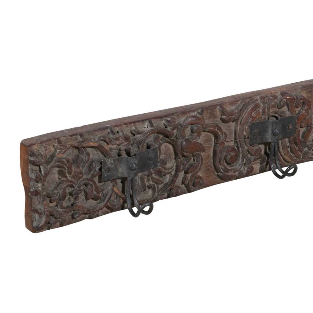 Antique Deep Walnut Brown Teak Carved Coat Hook Panel with Black Iron Hooks – Indian Vintage (113cm) - Image 3