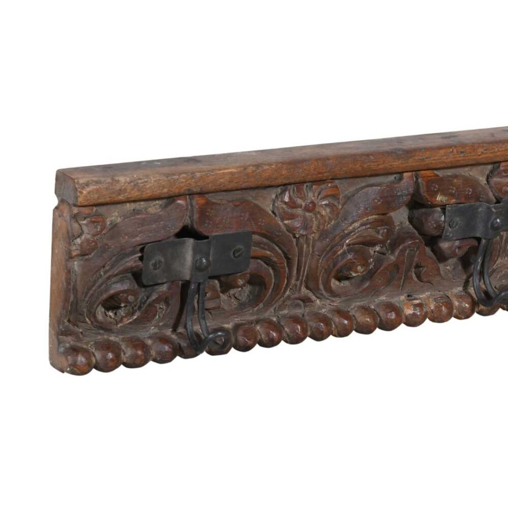 Antique Rich Chestnut Teak Carved Coat Hook Panel with Black Iron Hooks – Indian Vintage Floral (84cm) - Image 3