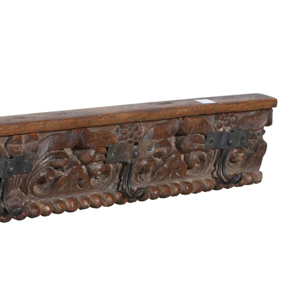 Antique Rich Chestnut Teak Carved Coat Hook Panel with Black Iron Hooks – Indian Vintage Floral (84cm) - Image 2