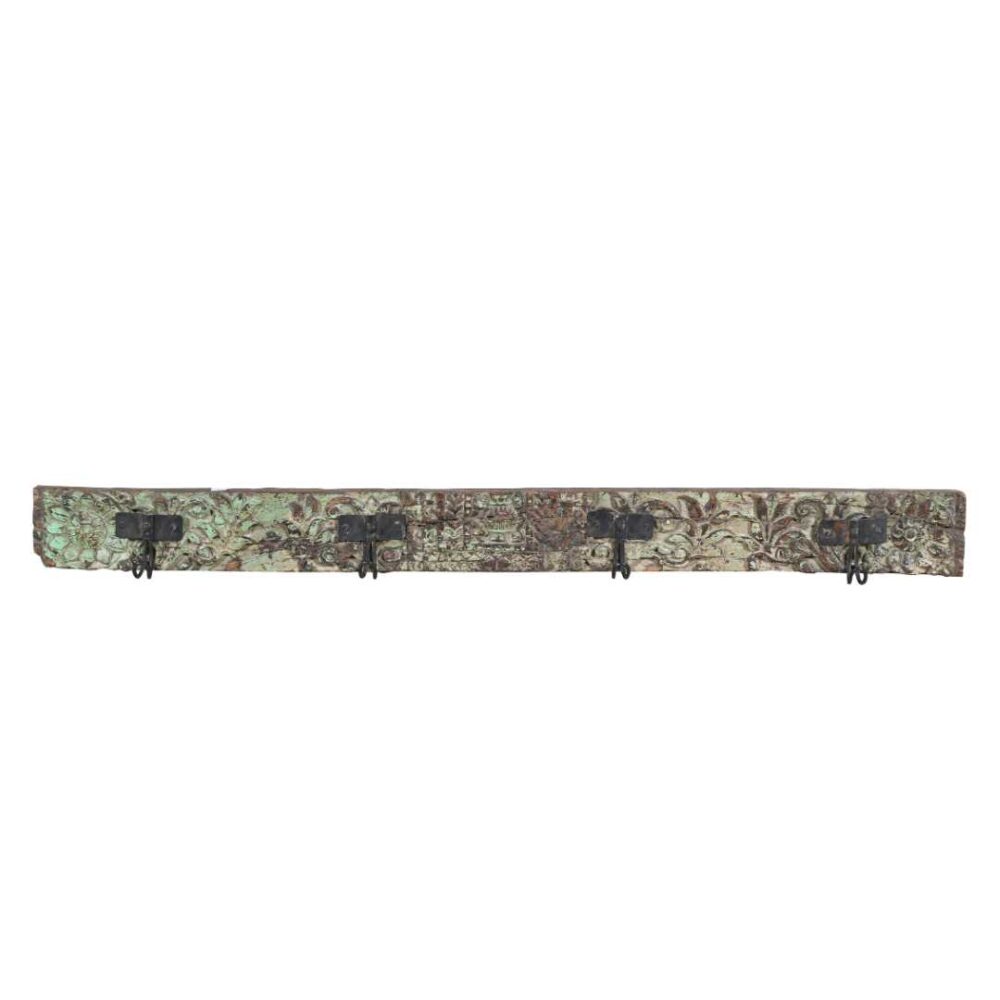 Antique Verdigris Teak Carved Coat Hook Panel with Black Iron Hooks – Indian Vintage Scrollwork (115cm) (Copy) - Image 3